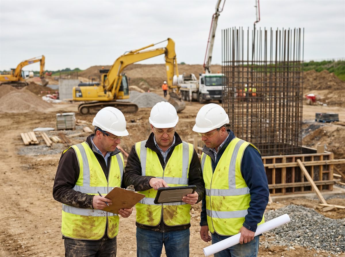 Civil construction site managers reviewing plans on a tablet during infrastructure works