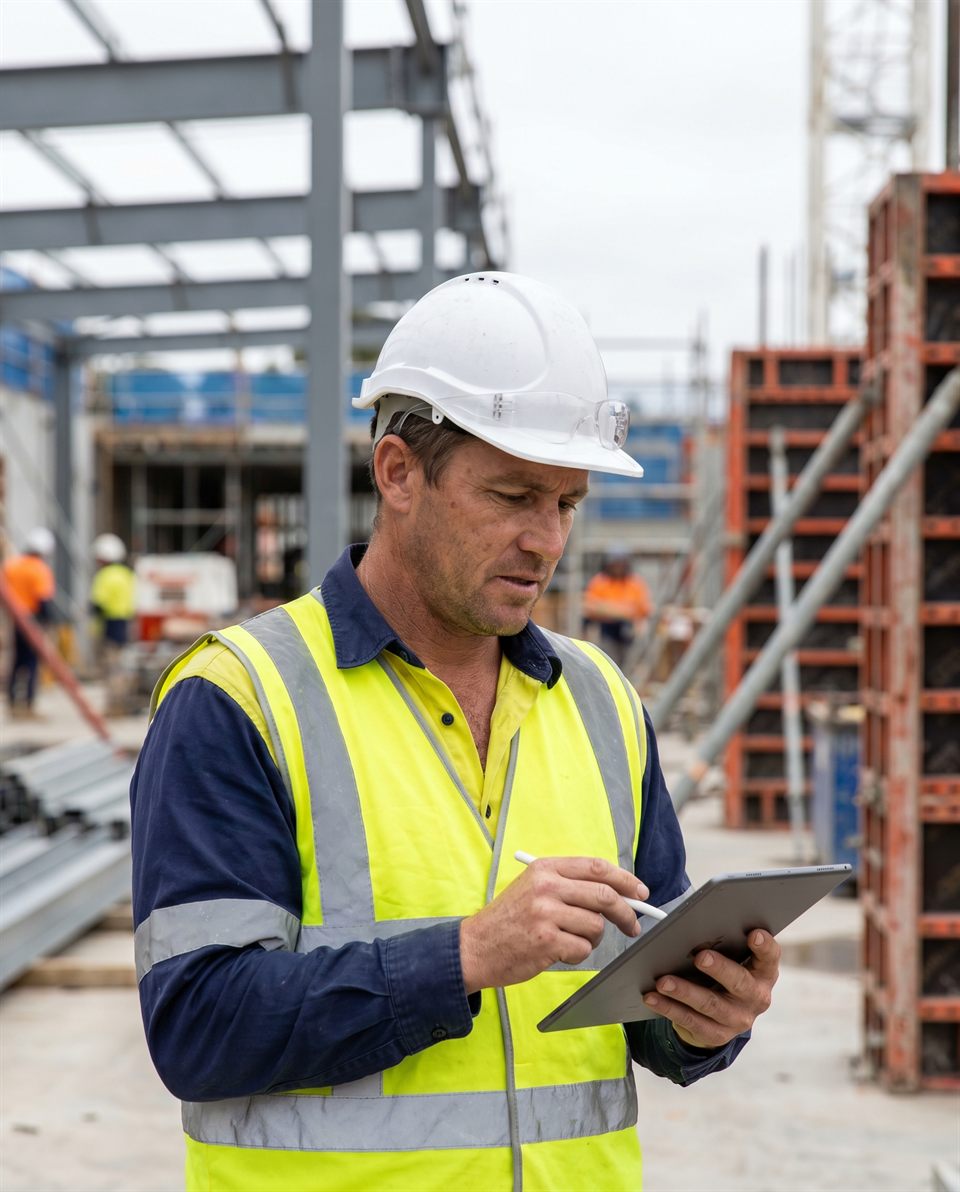 Construction supervisor reviewing project data on an iPad on site