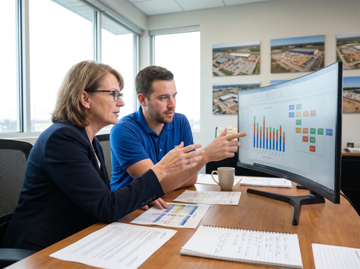 Senior consultant reviewing project finance data with a client